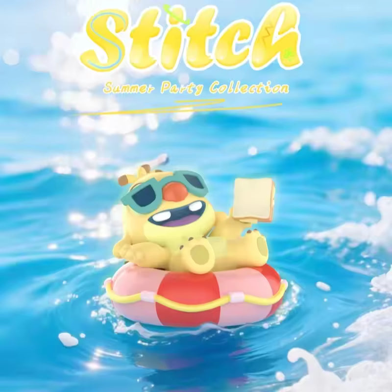 Disney Stitch Summer Party Series poster features a yellow Stitch on a float, promoting a vibrant collection available for preorder at Strangecat Toys.