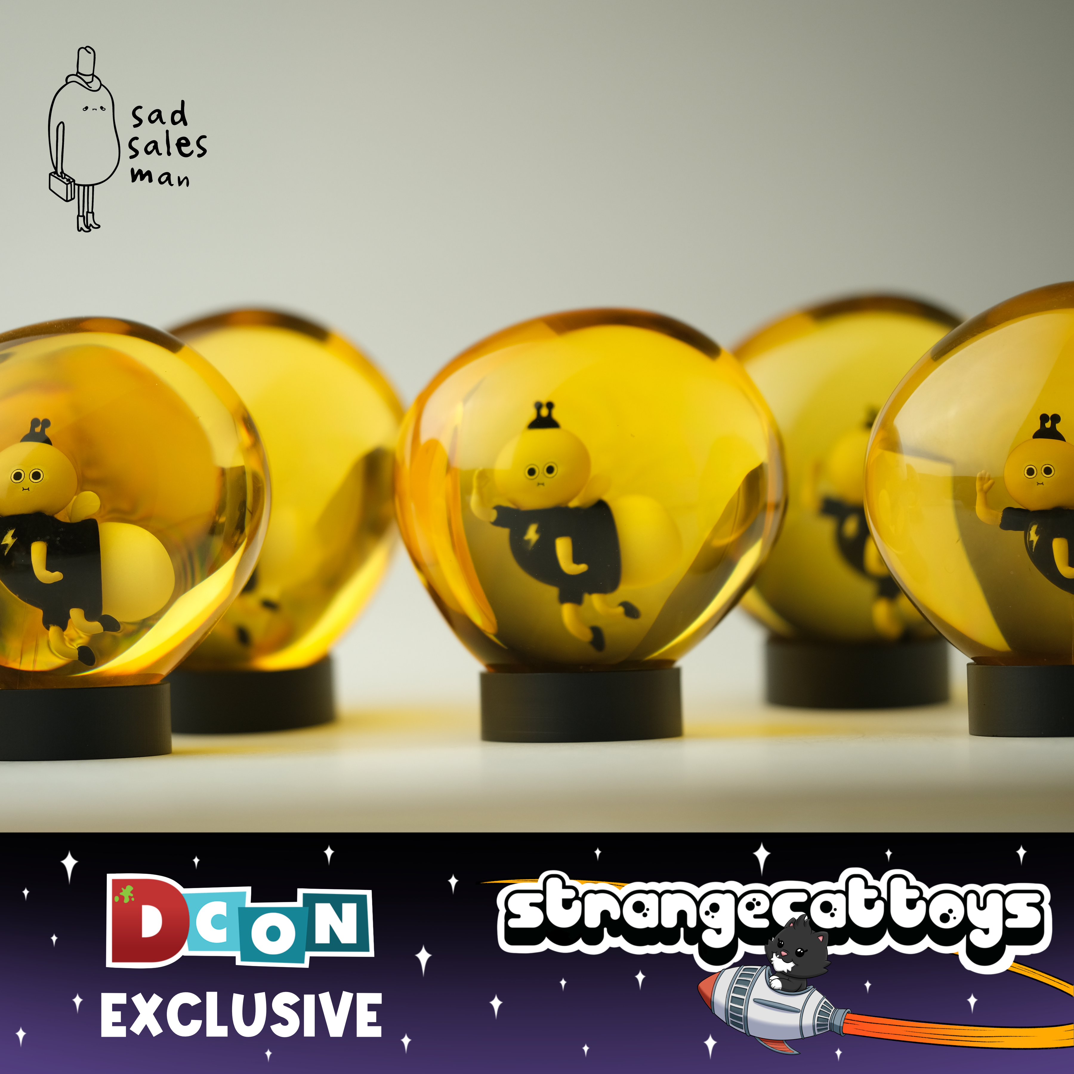 Lightning Bug by Sad Salesman, a DesignerCon-exclusive collectible, features a yellow bug in black with a lightning bolt inside an amber globe.