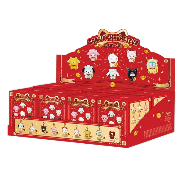 Sanrio Characters Lucky Cat Series Plush Keychain Blind Box display featuring mystery vinyl charms of popular Sanrio mascots as maneki-neko figures.