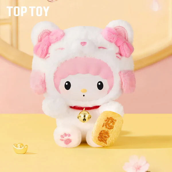 Sanrio Characters Lucky Cat Series Plush Keychain featuring a sheep-style costume, red collar, and gold fortune ingot, from Strangecat Toys blind box collection.