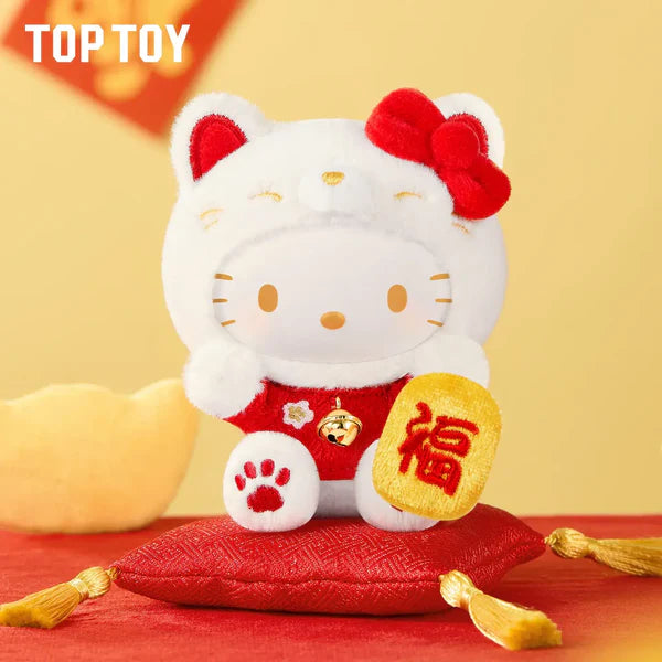 Sanrio Characters Lucky Cat Series Plush Keychain Blind Box: A Hello Kitty-style plush in a red outfit with a gold 福 coin, seated on a cushion.