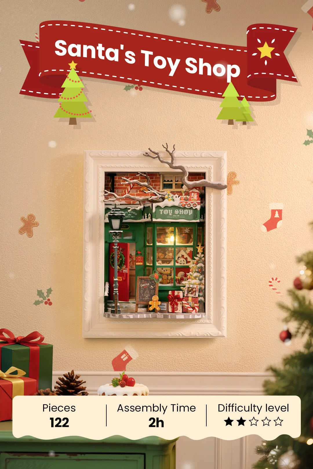 Rolife 3D Wooden Puzzle - Santa's Toy Shop DP006: a 122-piece diorama kit featuring a toy shop façade with festive details, perfect for holiday displays.