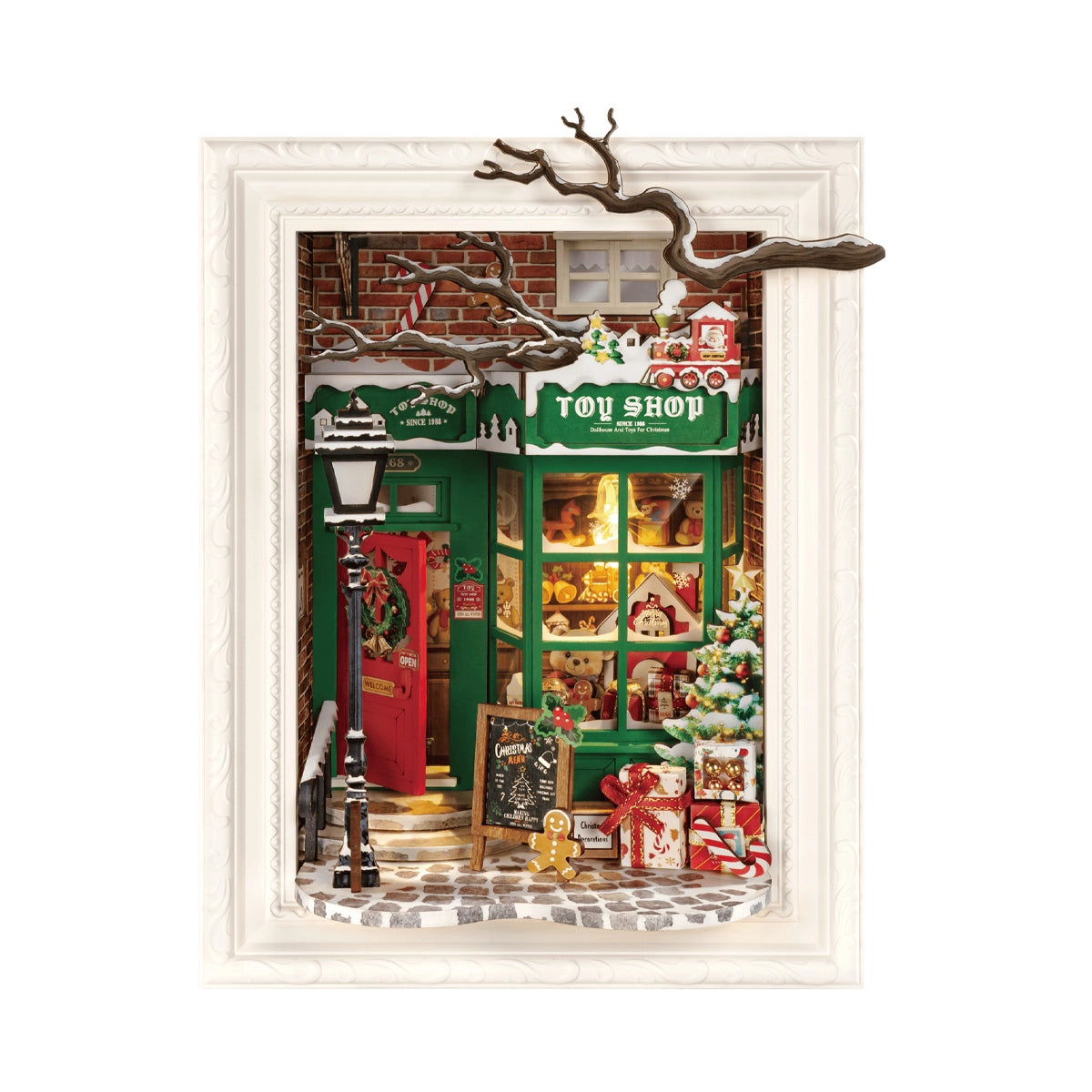 Rolife 3D Wooden Puzzle - Santa's Toy Shop DP006: A framed diorama featuring a festive toy shop scene with toys, gift boxes, and a Christmas tree.