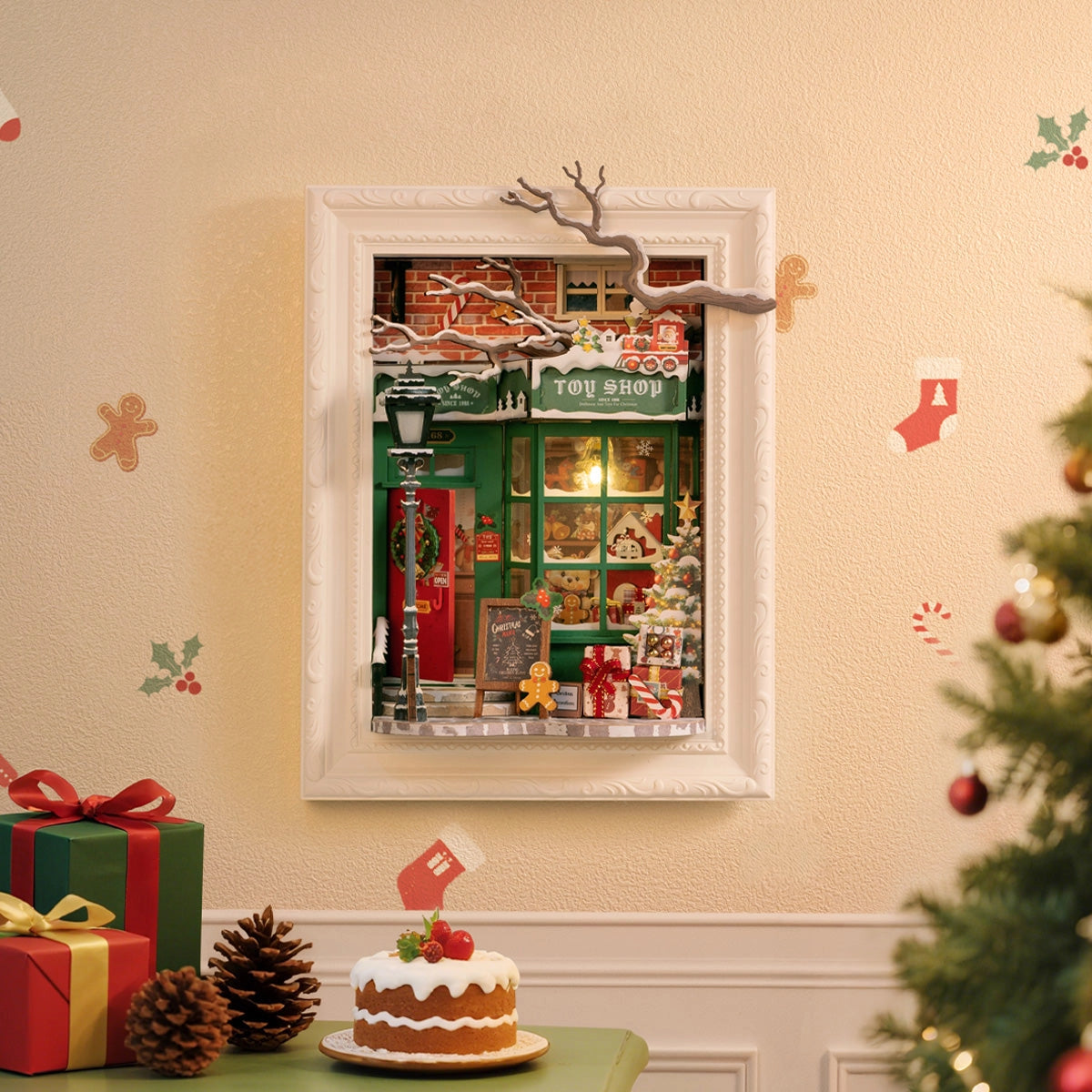 Rolife 3D Wooden Puzzle - Santa's Toy Shop DP006: A festive diorama with a toy shop, Christmas tree, presents, and glowing lights, perfect for holiday display.