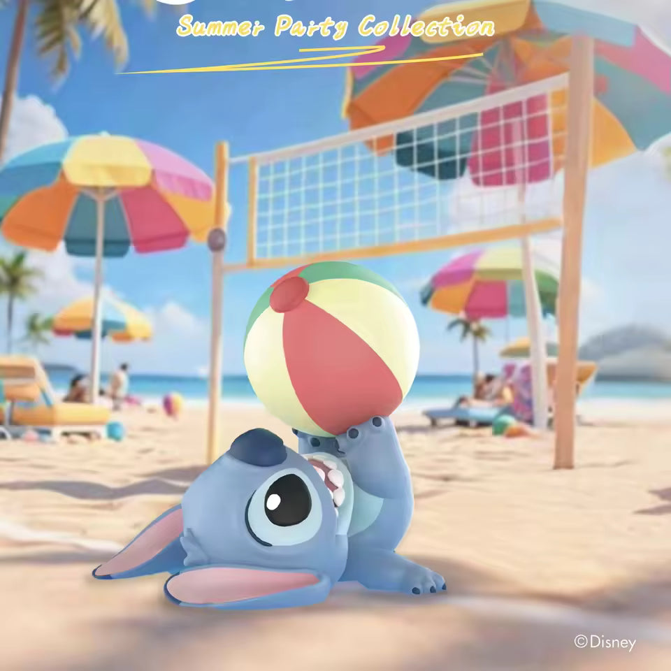 Disney Stitch playfully tosses a beach ball on a vibrant beach scene, promoting the Stitch Summer Party Series from Strangecat Toys. Preorder for November 2025 shipping.