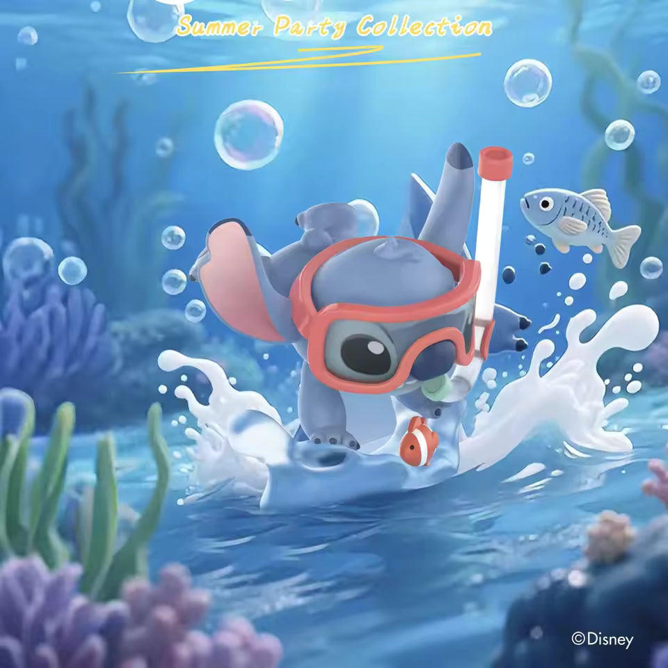 Stitch in a snorkel explores the reef in Disney Stitch Summer Party Series art piece, part of a collectible set with preorder options.