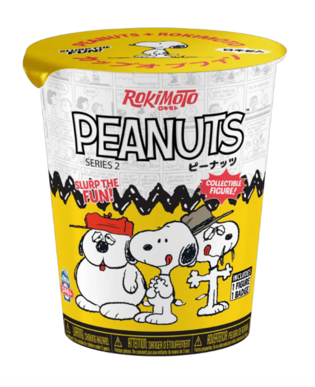 Rokimoto x PEANUTS Series 2 Blind Box featuring Snoopy-themed art, includes one collectible figure and badge, highlighting SLURP THE FUN! and Collectible Figure!