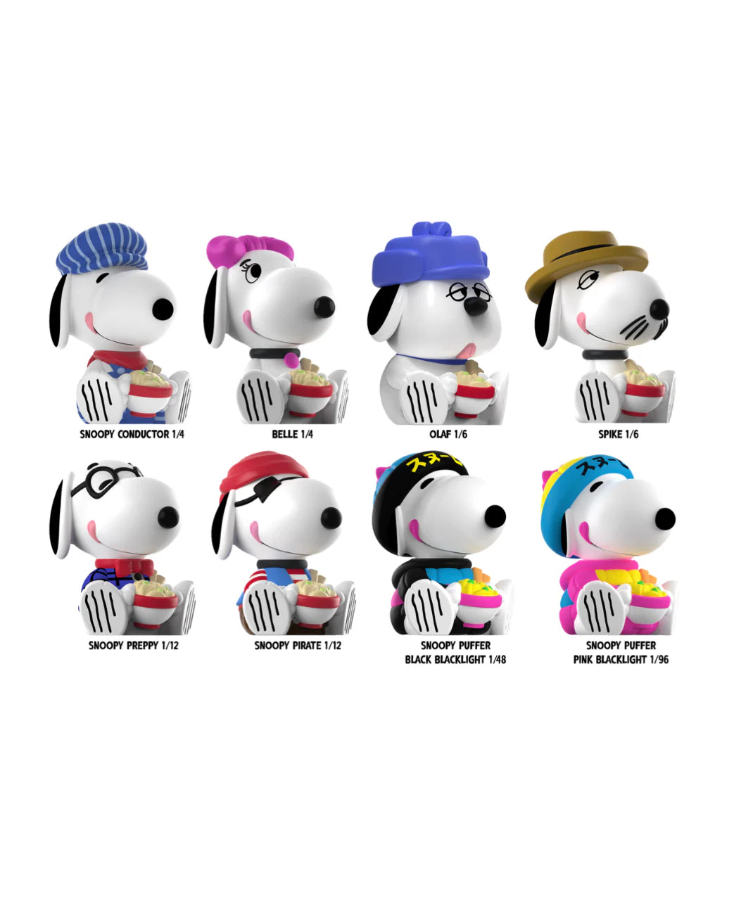 Rokimoto x PEANUTS Series 2 Blind Box features eight Snoopy figurines, each with unique outfits and rarity, perfect for collectors at Strangecat Toys.