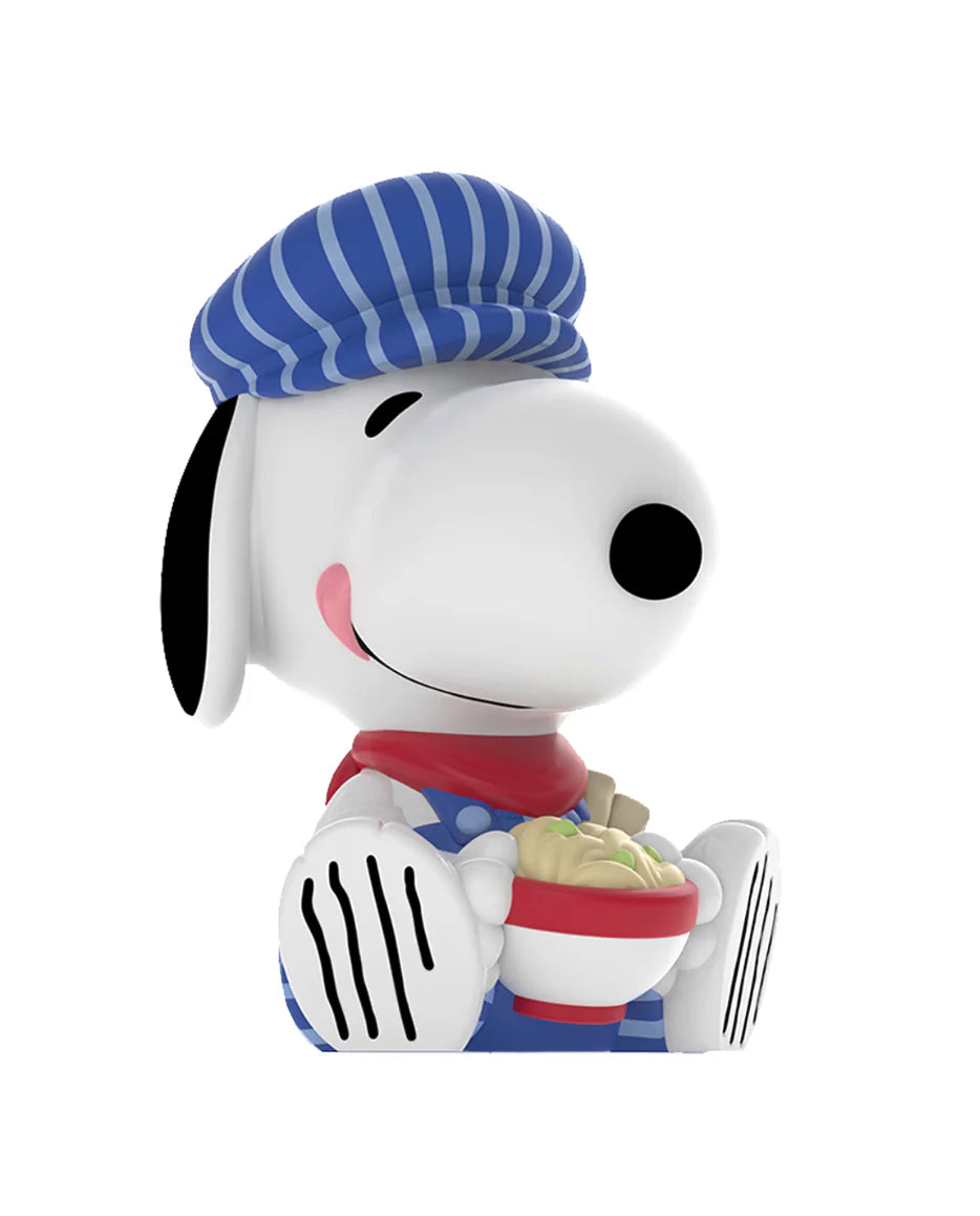 Snoopy figure from Rokimoto x PEANUTS Series 2 Blind Box, seated with ramen, wearing a striped cap and red neckerchief.