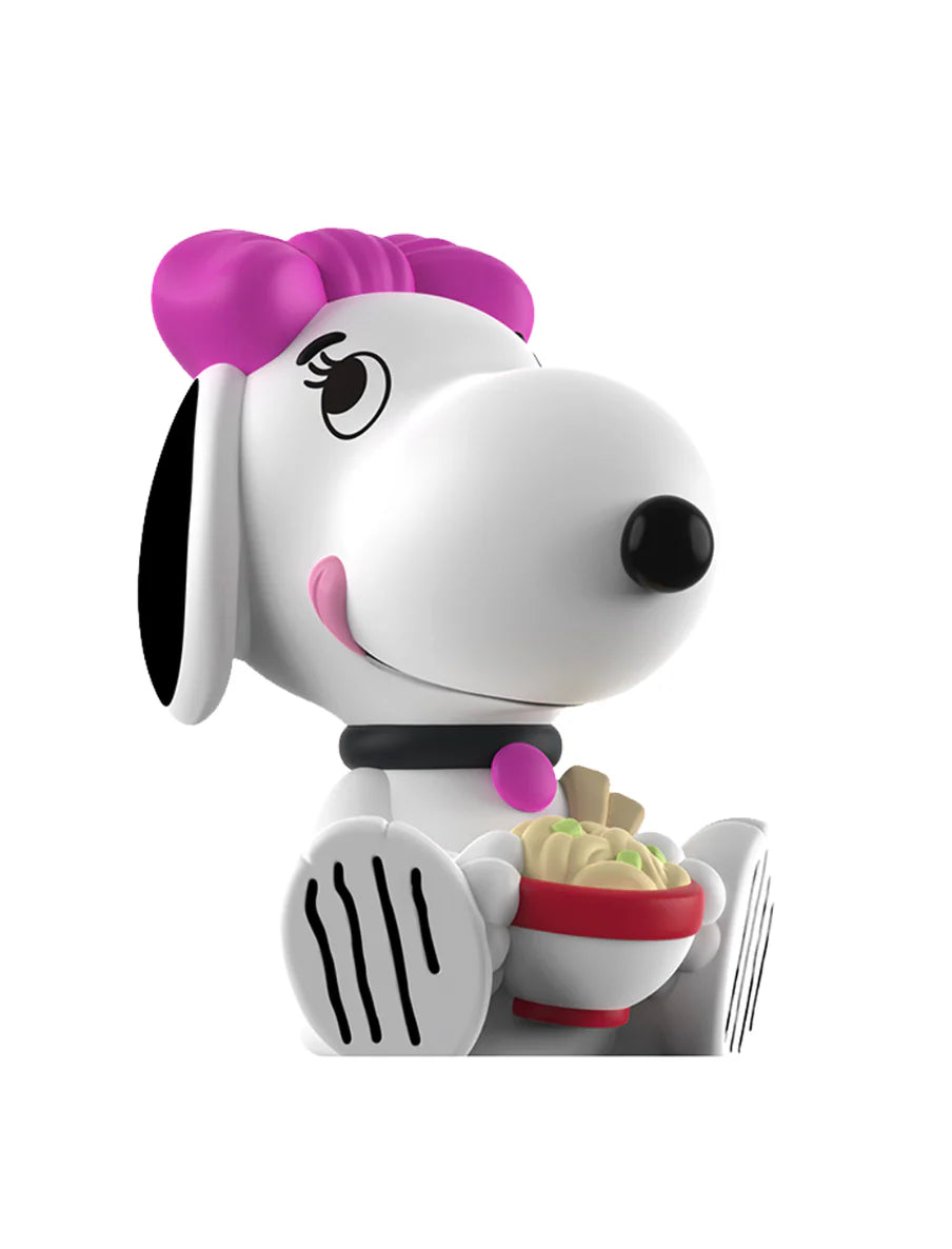 Rokimoto x PEANUTS Series 2 Blind Box: White cartoon dog figure with pink bangs, holding a noodle-filled bowl, perfect for collectors.