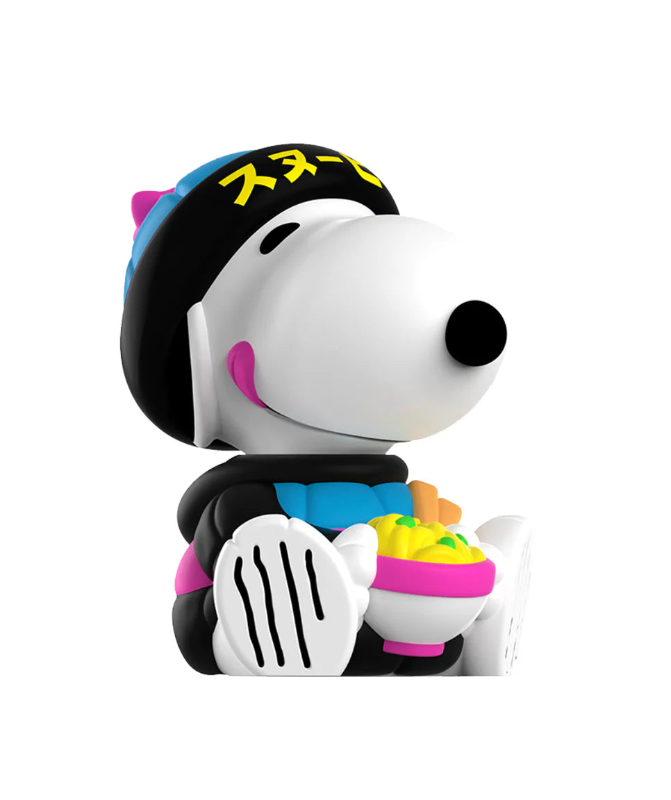 Rokimoto x PEANUTS Series 2 Blind Box: Snoopy vinyl figure in black outfit, holding a pink-rimmed noodle bowl, capturing playful charm.