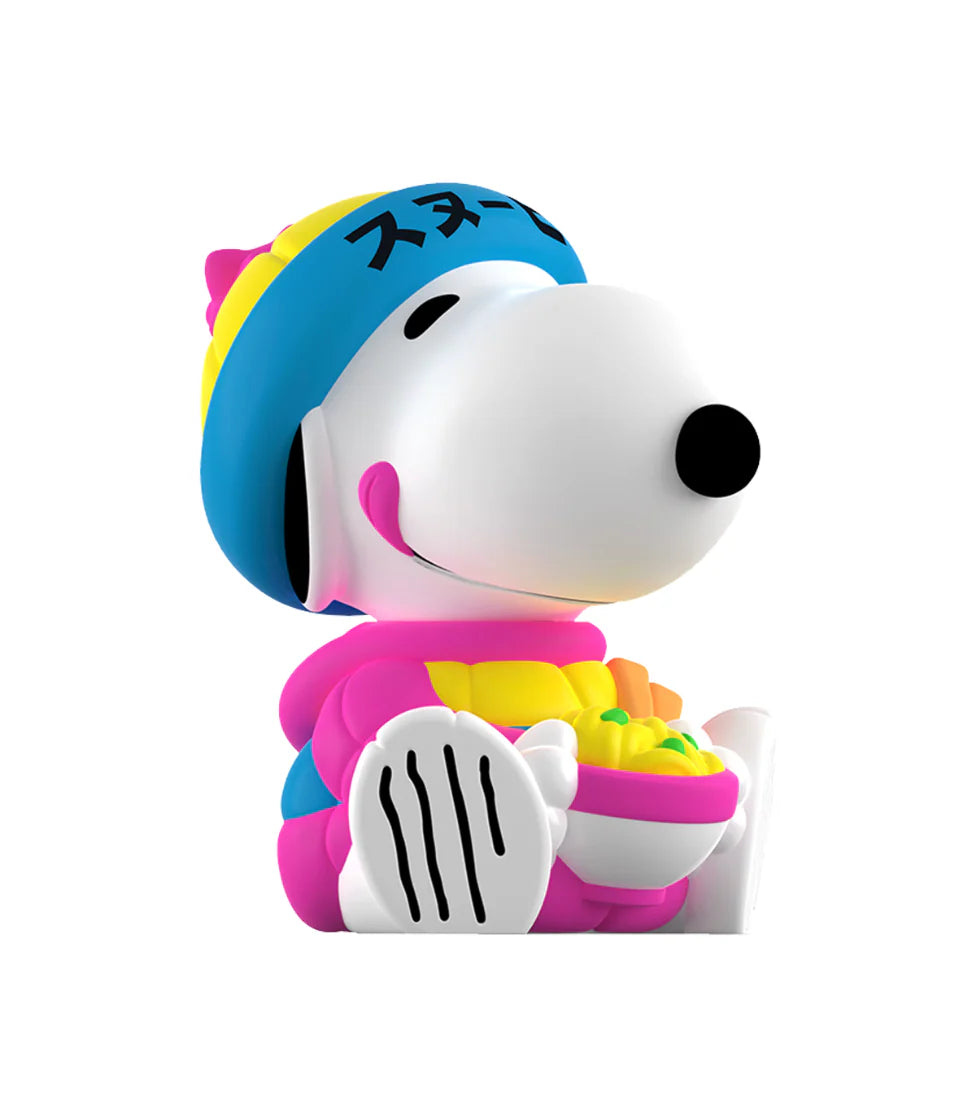Snoopy toy from Rokimoto x PEANUTS Series 2 Blind Box, wearing a beanie, holding ramen, part of a collectible art toy series.