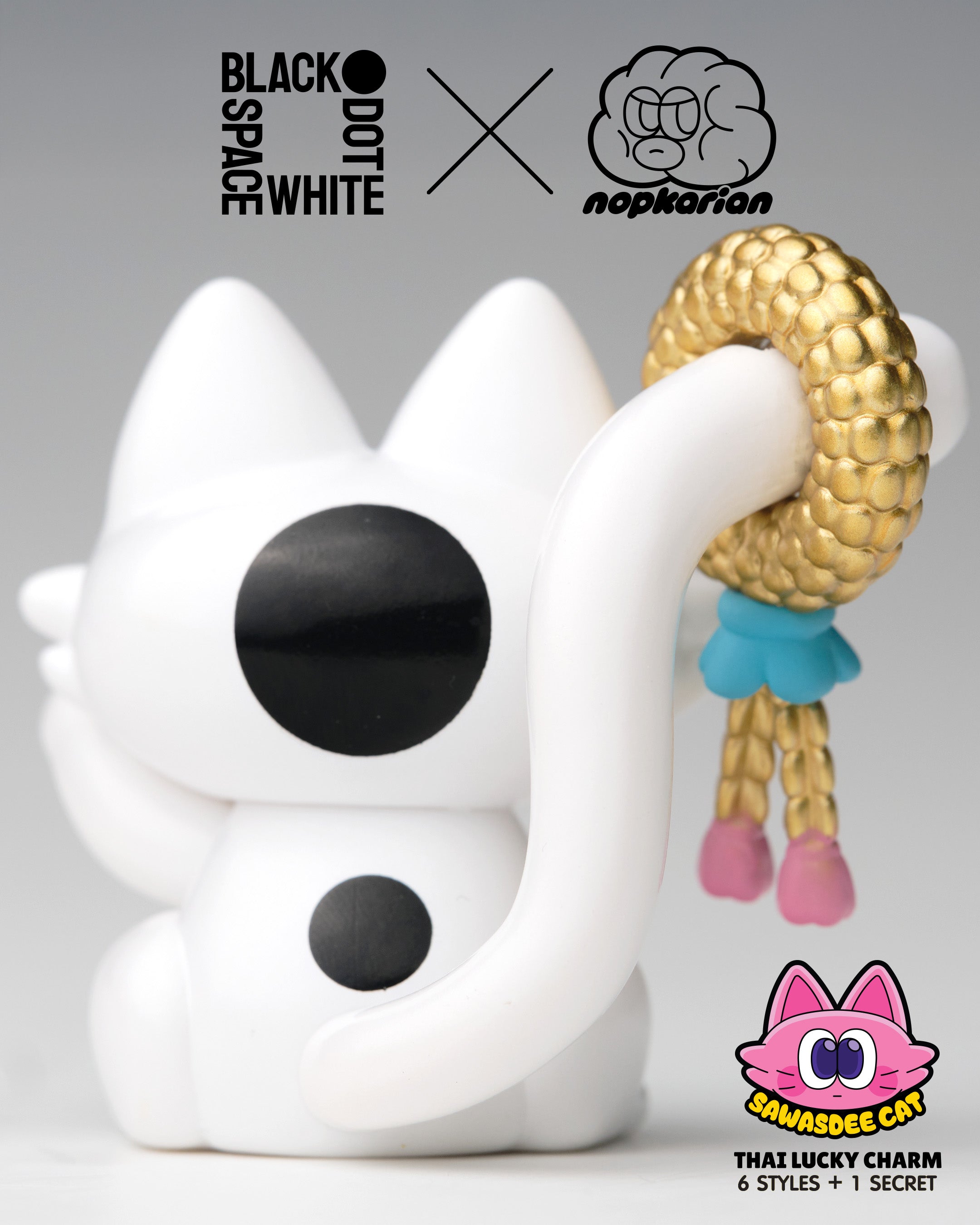 Sawasdee Cat Blind Box Series featuring a close-up of a detailed blue and gold bear toy, highlighting its unique handmade, cartoon-style design.