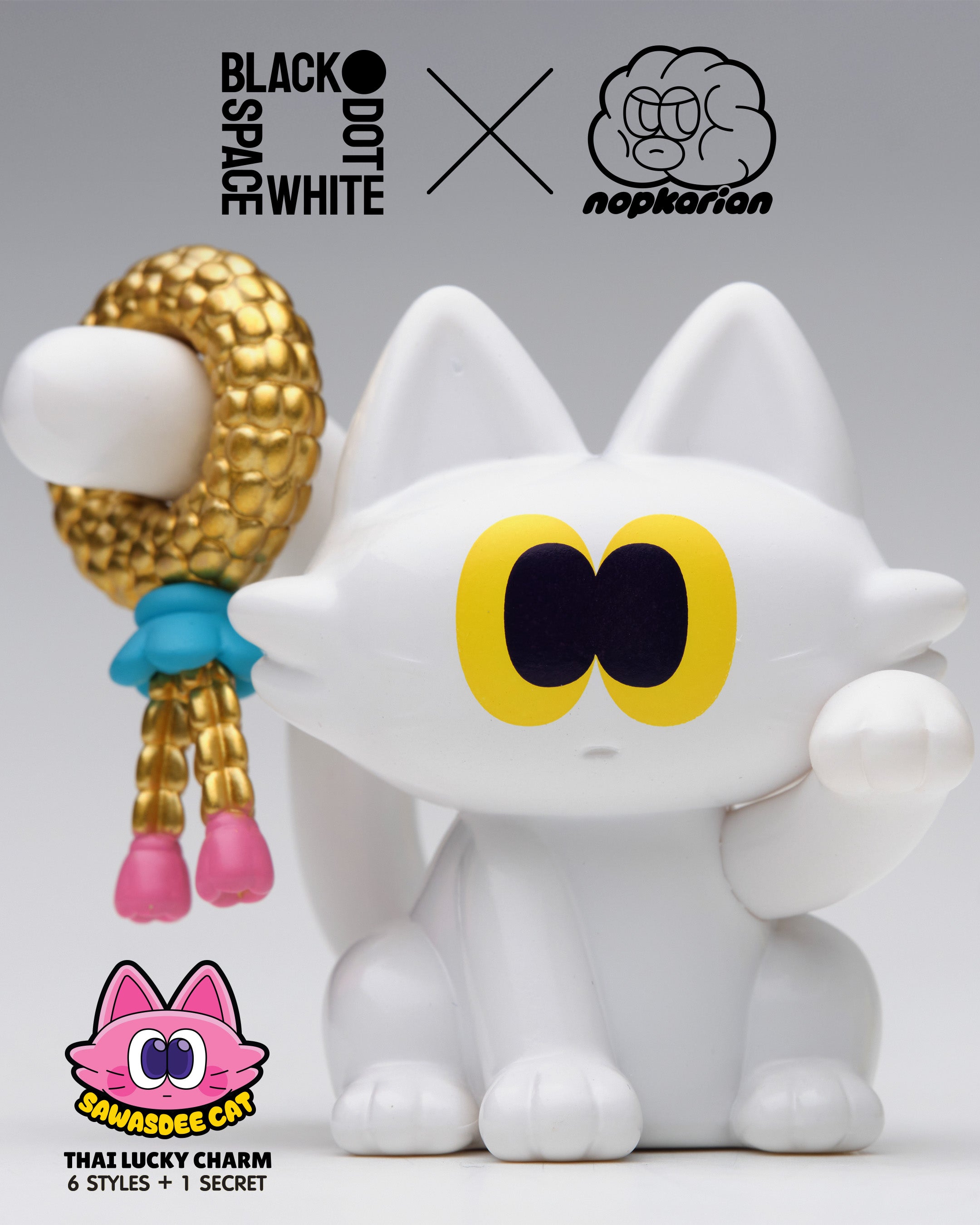 Sawasdee Cat Blind Box Series featuring a white cat figurine with yellow eyes, part of a collection with 6 designs and 1 secret option.