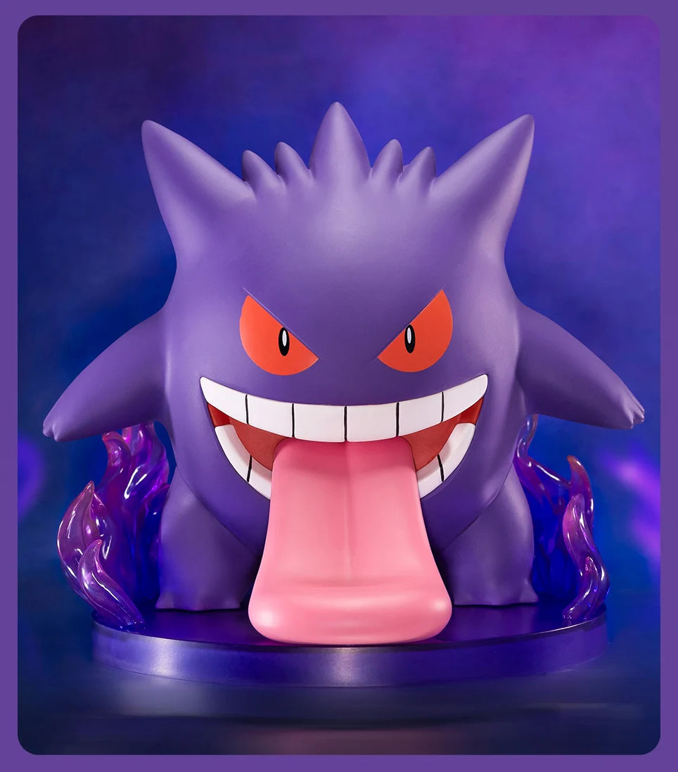 Pokémon Gengar Figurine, a cartoon character with tongue out, close-up details of eyes and objects, 5 tall.
