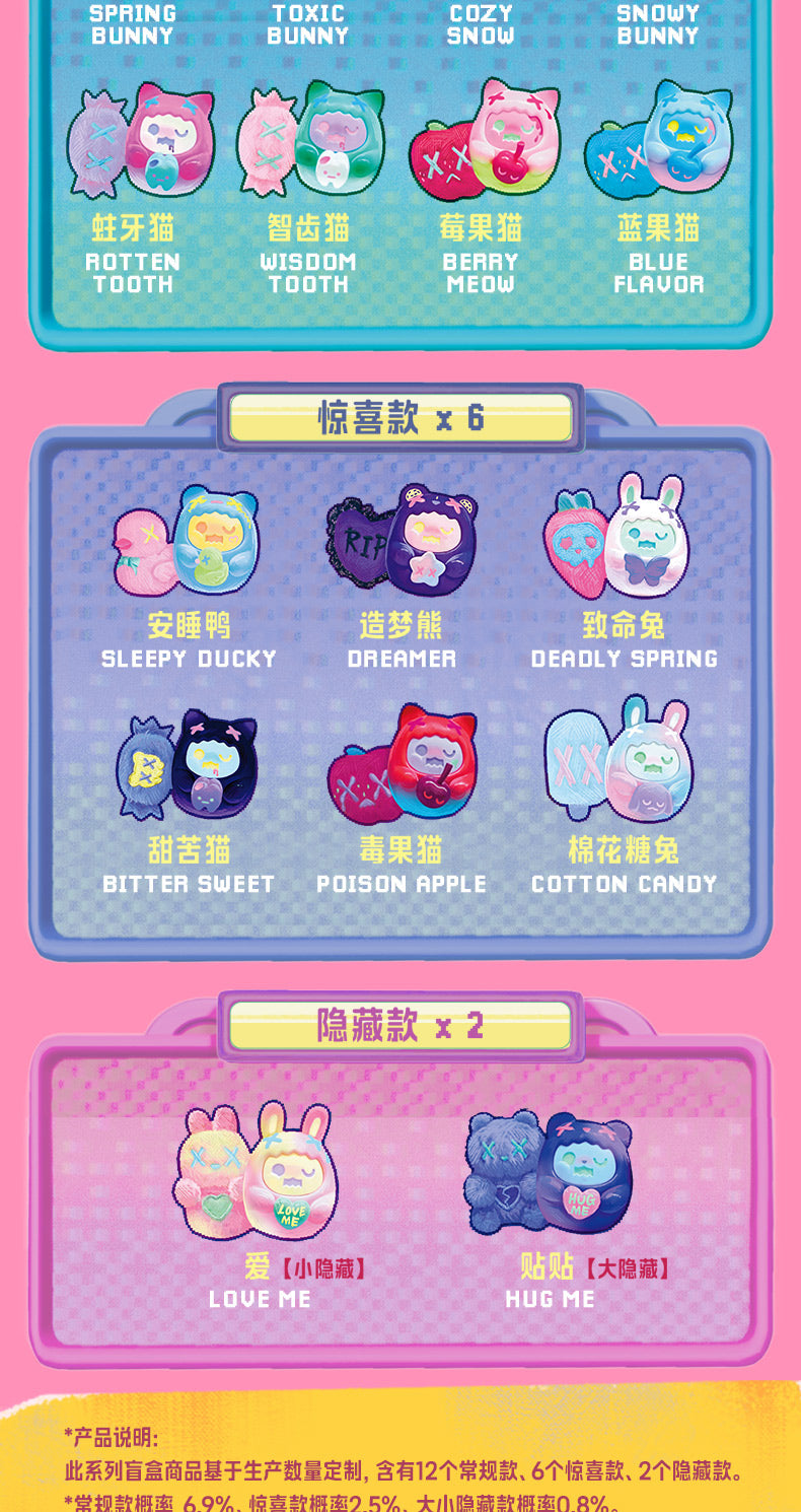 ShinWoo - Hug Me Mini Series Blind Box poster featuring 12 regular, 6 surprise, and 2 hidden bunny, kitty, duck, and bear collectible figures. Preorder for November 2025 shipment.