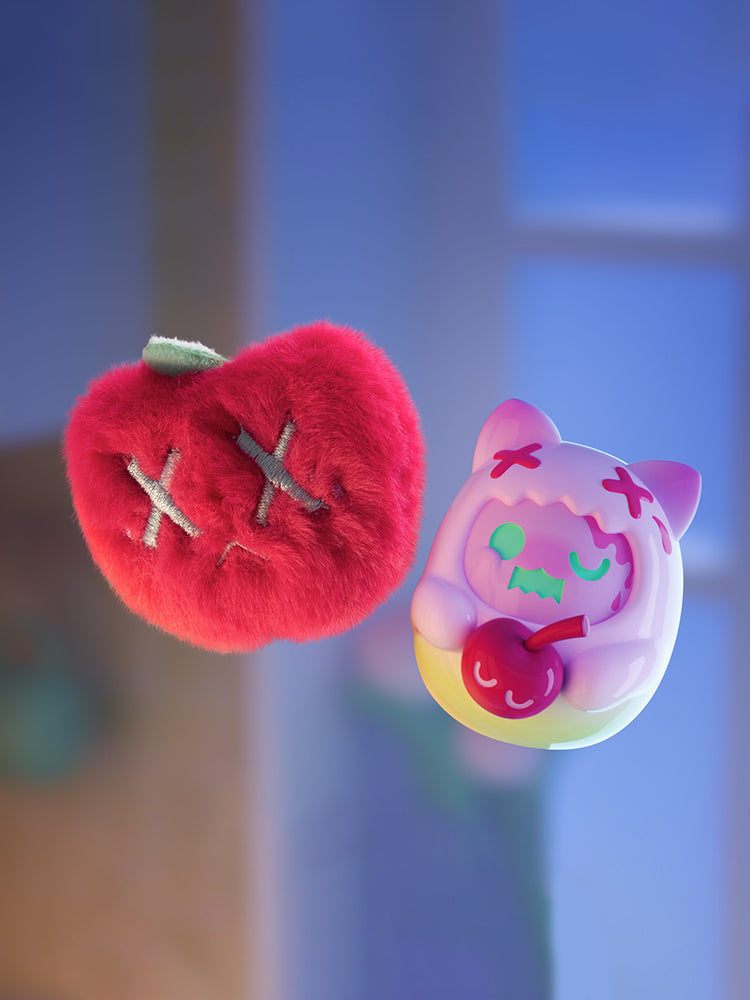 ShinWoo - Hug Me Mini Series Blind Box featuring a plush apple and cat-like toy, both with stitched eyes, capturing the playful, mysterious vibe of Strangecat Toys.