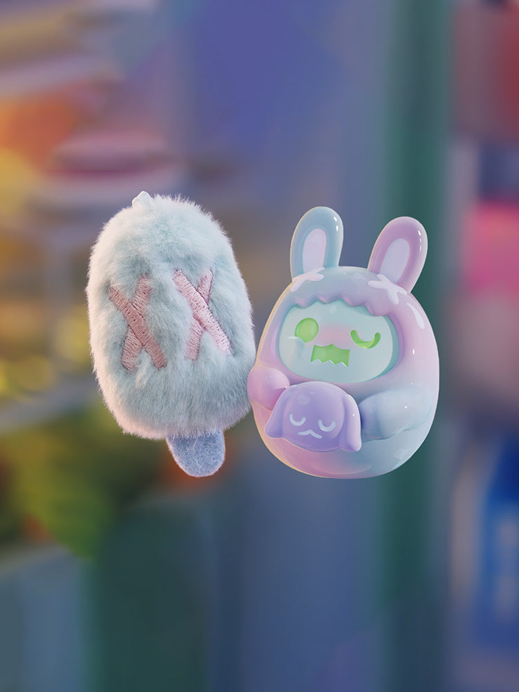 ShinWoo - Hug Me Mini Series Blind Box features a fuzzy popsicle and a bunny figure, showcasing whimsical design elements unique to Strangecat Toys' art collection.