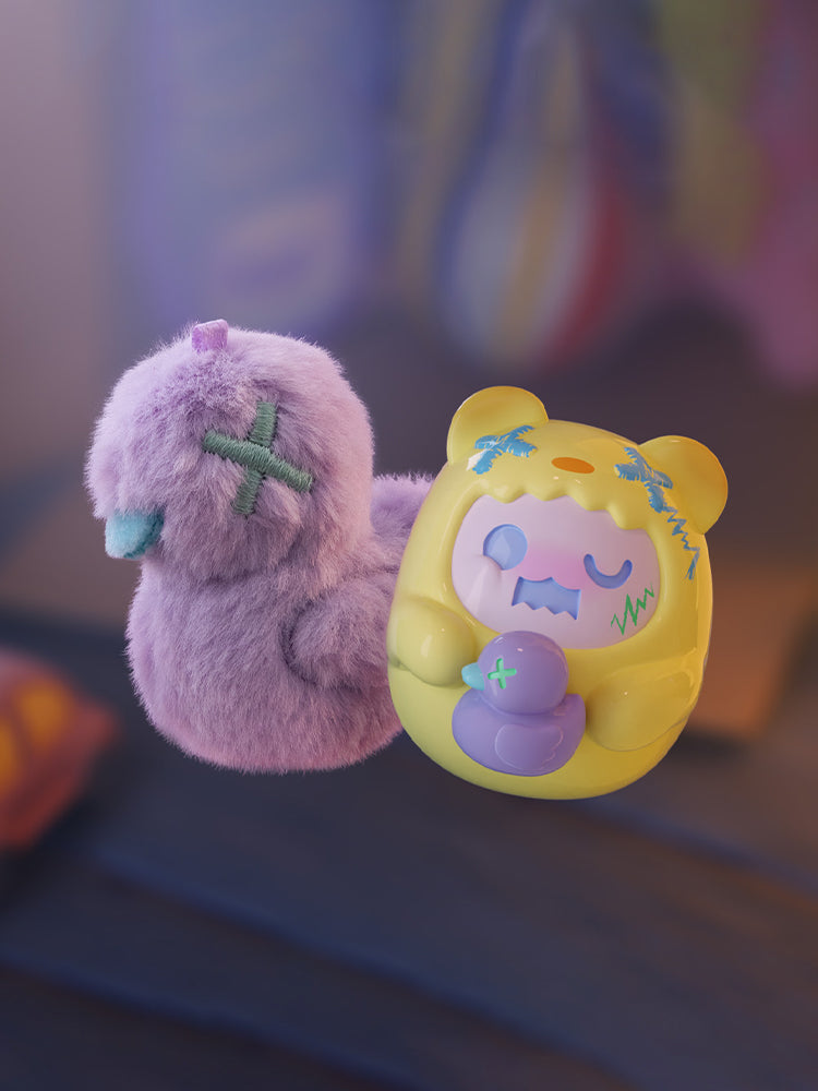 ShinWoo - Hug Me Mini Series Blind Box features a plush purple duck and a yellow, egg-shaped figure with quirky facial expressions, embodying unique collectible toy designs.