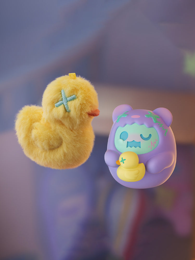 ShinWoo - Hug Me Mini Series Blind Box featuring a fuzzy duck and a stylized bear figure, both with X-stitched eyes. Preorder for November 2025.