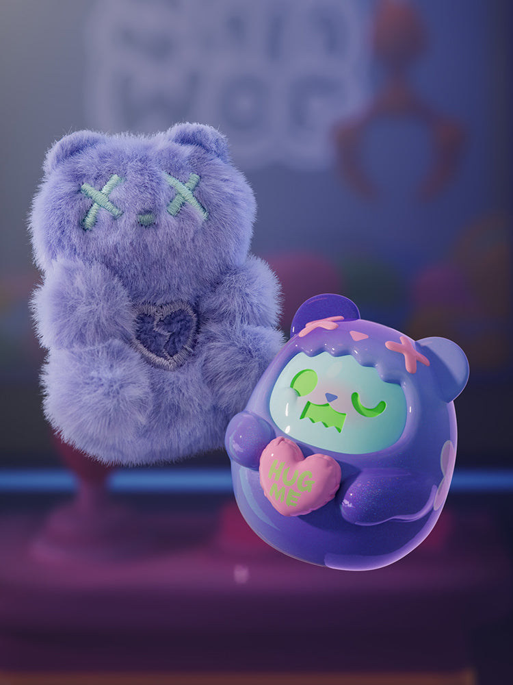 ShinWoo - Hug Me Mini Series Blind Box featuring a plush and glossy bear character with heart accents, set in a playful arcade backdrop.