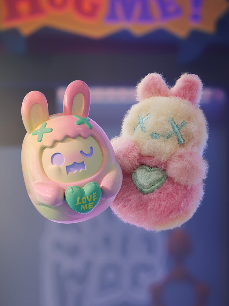 ShinWoo - Hug Me Mini Series Blind Box features a glossy vinyl and plush bunny toy duo, showcasing adorable collectible designs with heart details.