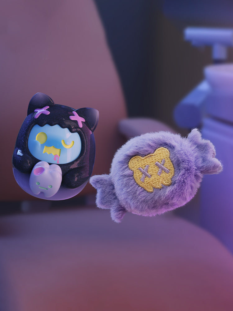 ShinWoo - Hug Me Mini Series Blind Box features a glossy cat-eared figure and a plush purple candy design, perfect for art toy collectors.