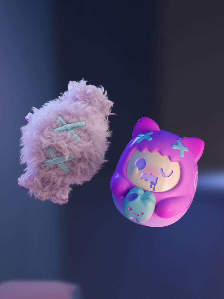 ShinWoo - Hug Me Mini Series Blind Box: Two whimsical 3D figures, a fluffy lavender plush, and a glossy cat-like figurine, part of a collectible toy series.