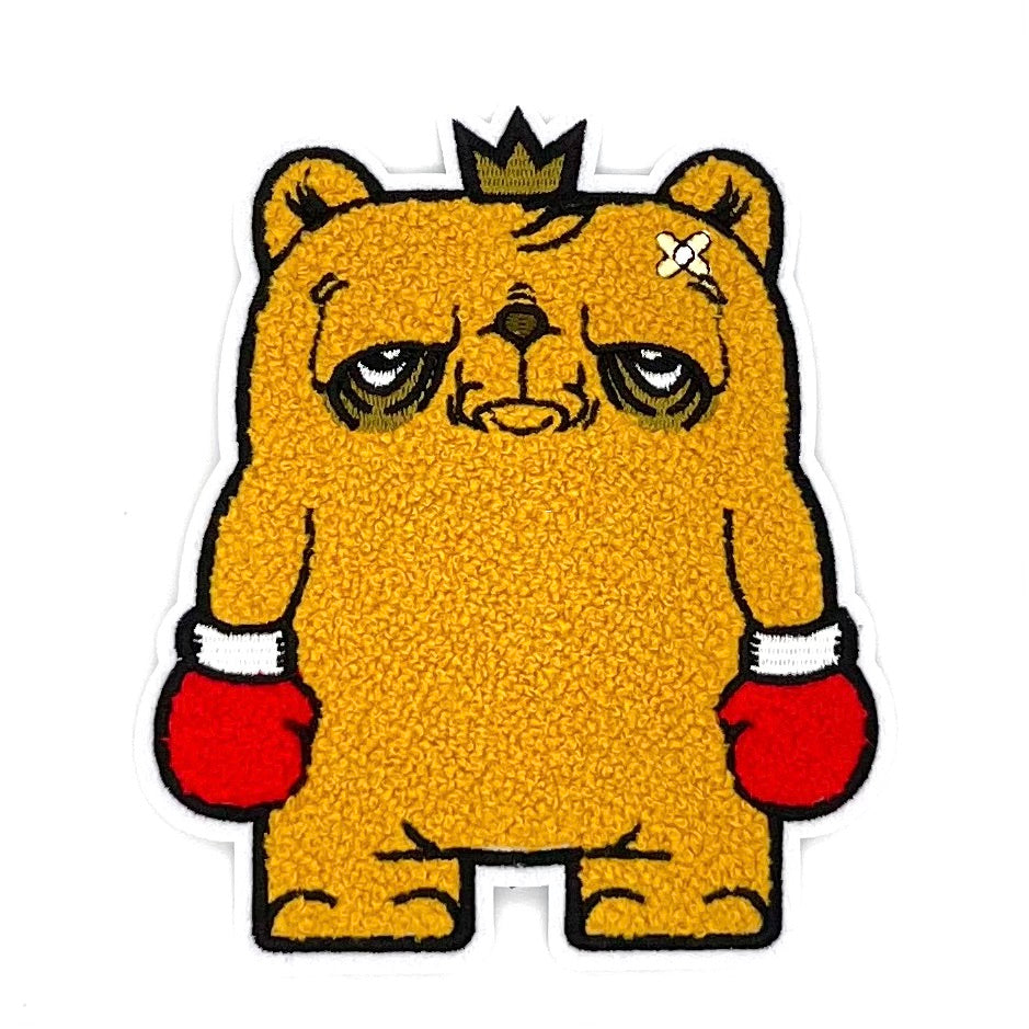 JC Rivera The Bear Champ Standing Strong Chenille Patch, featuring a cartoon bear with boxing gloves, 6 tall, iron-on backing.