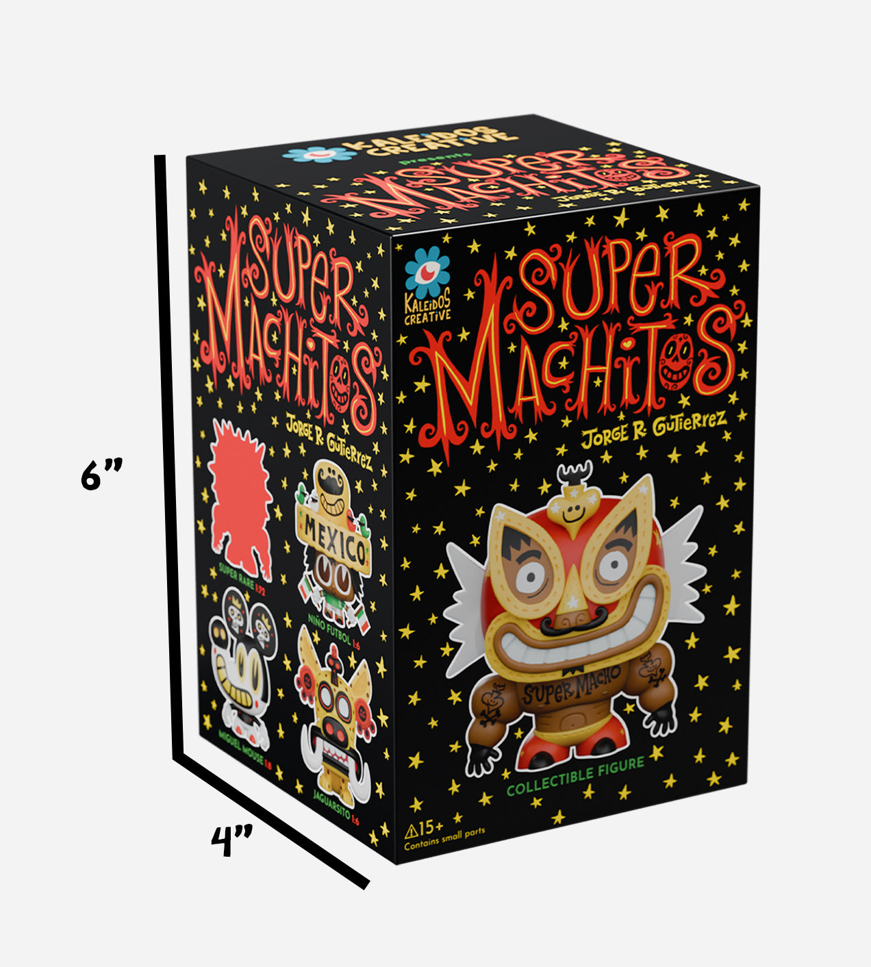 Super Machitos Blind Box featuring a luchador figure, with additional character silhouettes; collectible by artist Jorge R. Gutierrez for ages 15+, preorder available.