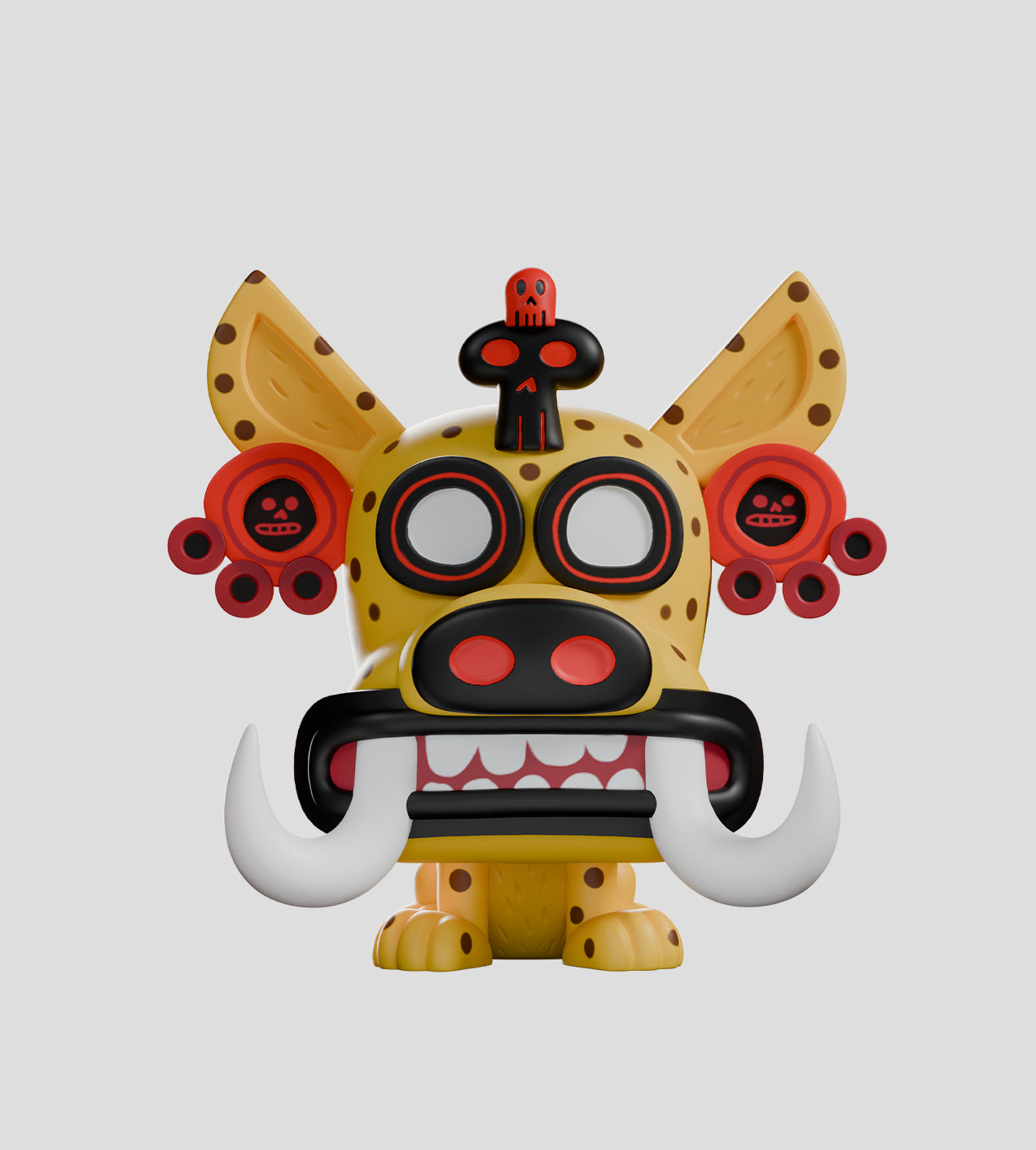 Super Machitos Blind Box: A stylized creature with a jaguar-patterned head, oversized ears, circular goggles, toothy maw, tusks, and playful skull accents, embodying Mexploitation artistry.