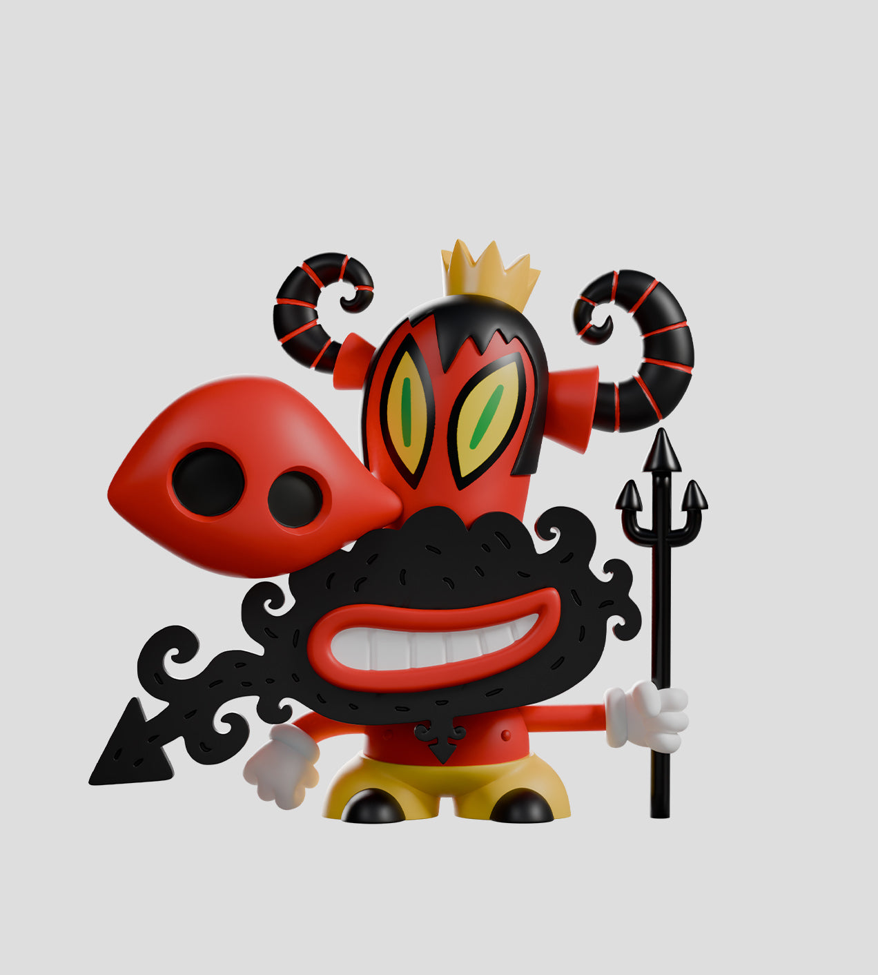 Super Machitos Blind Box: Playful 3D cartoon devil figure with striped horns, golden crown, trident, and arrow-tipped tail, designed by Jorge R. Gutierrez.