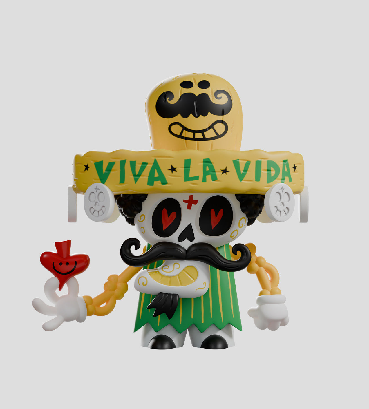 Super Machitos Blind Box: Cartoon skeleton figurine with sombrero, heart-shaped eyes, mustache, holding a red heart, celebrating Día de los Muertos in vibrant vinyl style.