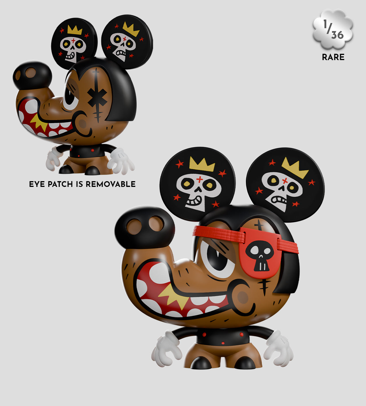 Super Machitos Blind Box: Rare vinyl art toy, mouse-like figure with pirate-skeleton theme, crowned skull ears, removable eye patch, limited edition of 36.