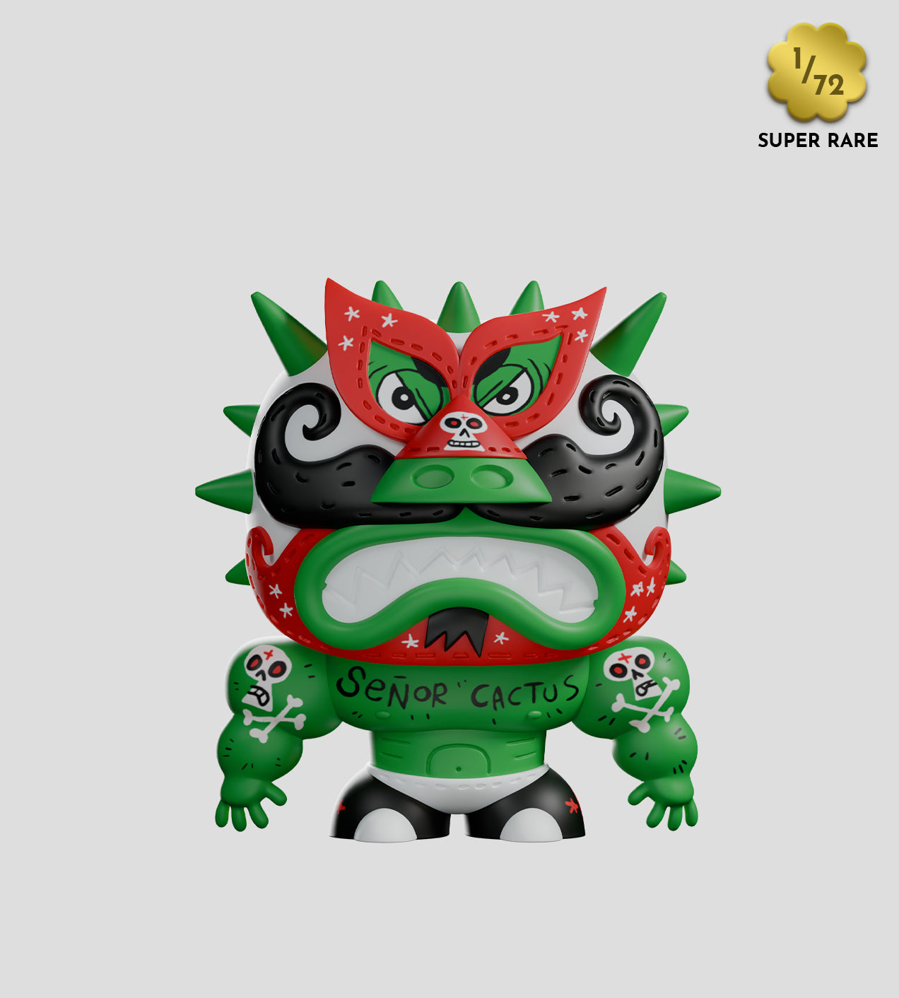 Super Machitos Blind Box: Limited-edition cactus-man Lucha Libre vinyl toy with red mask, mustache, and “Señor Cactus” chest inscription, featuring skull motifs and spikes.