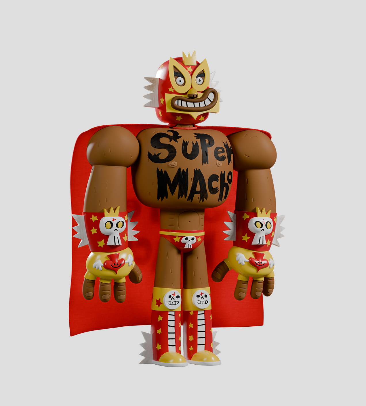 Super Macho Luchador Limited Edition toy: masked, muscle-bound wrestler figure with red cape and skull motifs, embodying comic-style bravado. Preorder from Strangecat Toys.