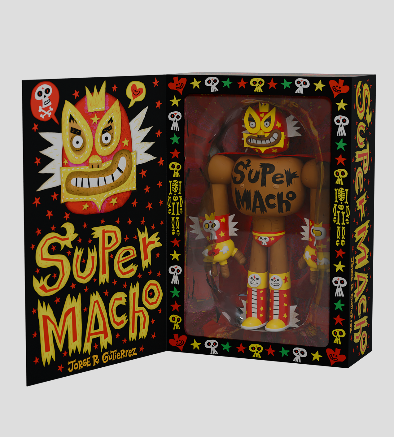 Super Macho Luchador Limited Edition vinyl figure in window-box, featuring two sidekicks. Preorder now; ships Nov 2025. Designed by Jorge R. Gutiérrez.