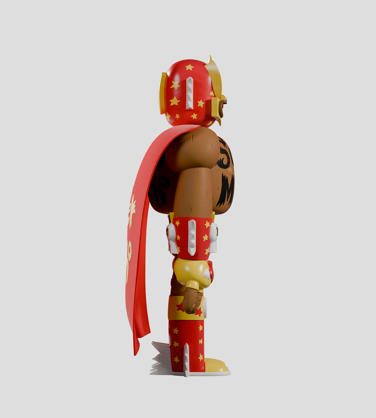 Super Macho Luchador Limited Edition figure; 3D-rendered vinyl toy with red helmet, yellow stars, and cape. Preorder for November 2025 release.