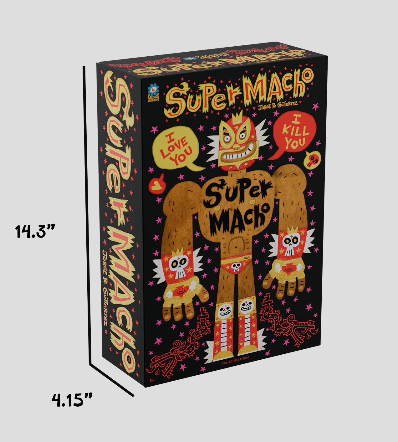 Super Macho Luchador Limited Edition collectible figure box featuring a muscled luchador with speech bubbles, measuring 14.3 tall. Preorder for November 2025.