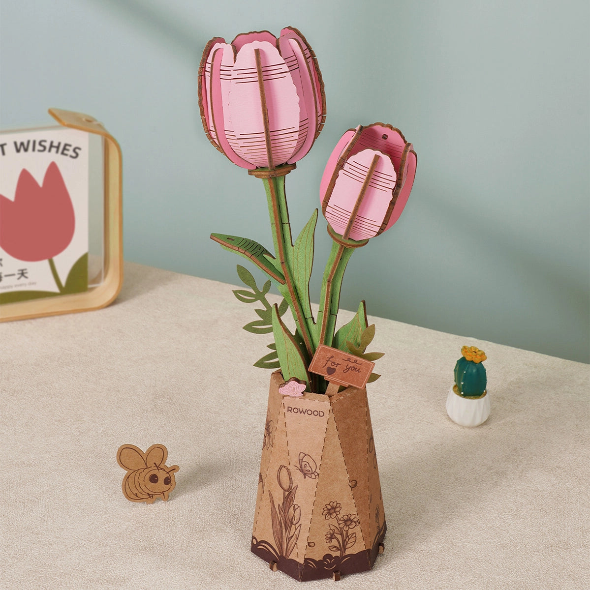 DIY Wooden Flower Pink Tulip TW082, a 96-piece wooden model kit, easy to assemble, ideal for decoration or gifting, inspired by blooming flowers.