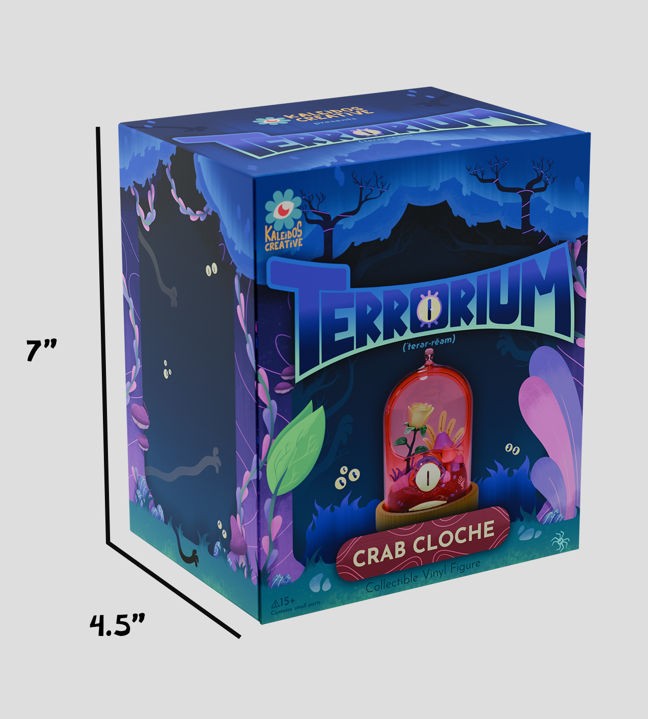 Terrorium - Crab Cloche collectible vinyl figure in a forest-themed box with glowing elements, featuring a removable red cloche and tiny crab on foliage.