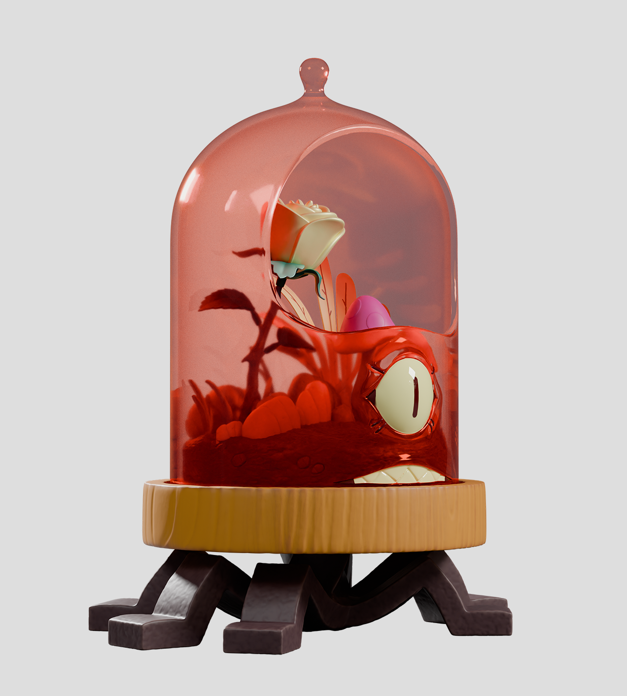 Terrorium - Crab Cloche: A whimsical 3D terrarium with glowing eyes and teeth, featuring a stylized flower amid a monstrous, playful red resin dome.