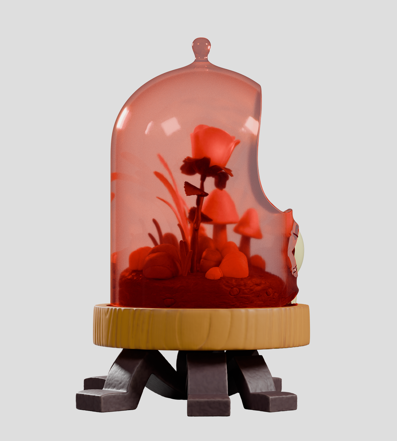 Terrorium - Crab Cloche: A 3D-rendered terrarium under a red glass dome with mushrooms and a rose, featuring glow-in-the-dark eyes and teeth.