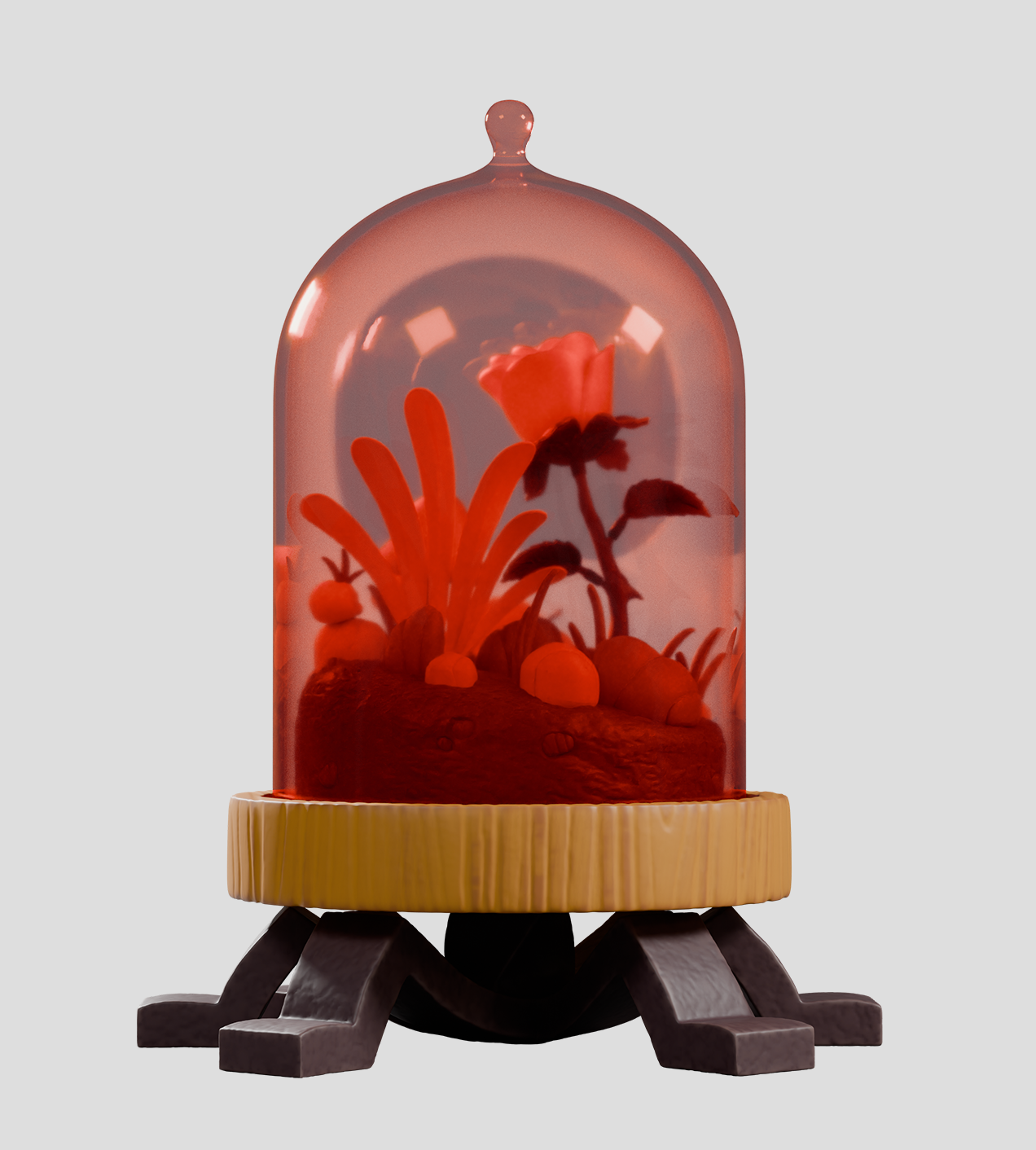 Terrorium - Crab Cloche: A diorama under a red-tinted dome with a rose, mushrooms, and glowing elements on a gold base with dark metal legs.