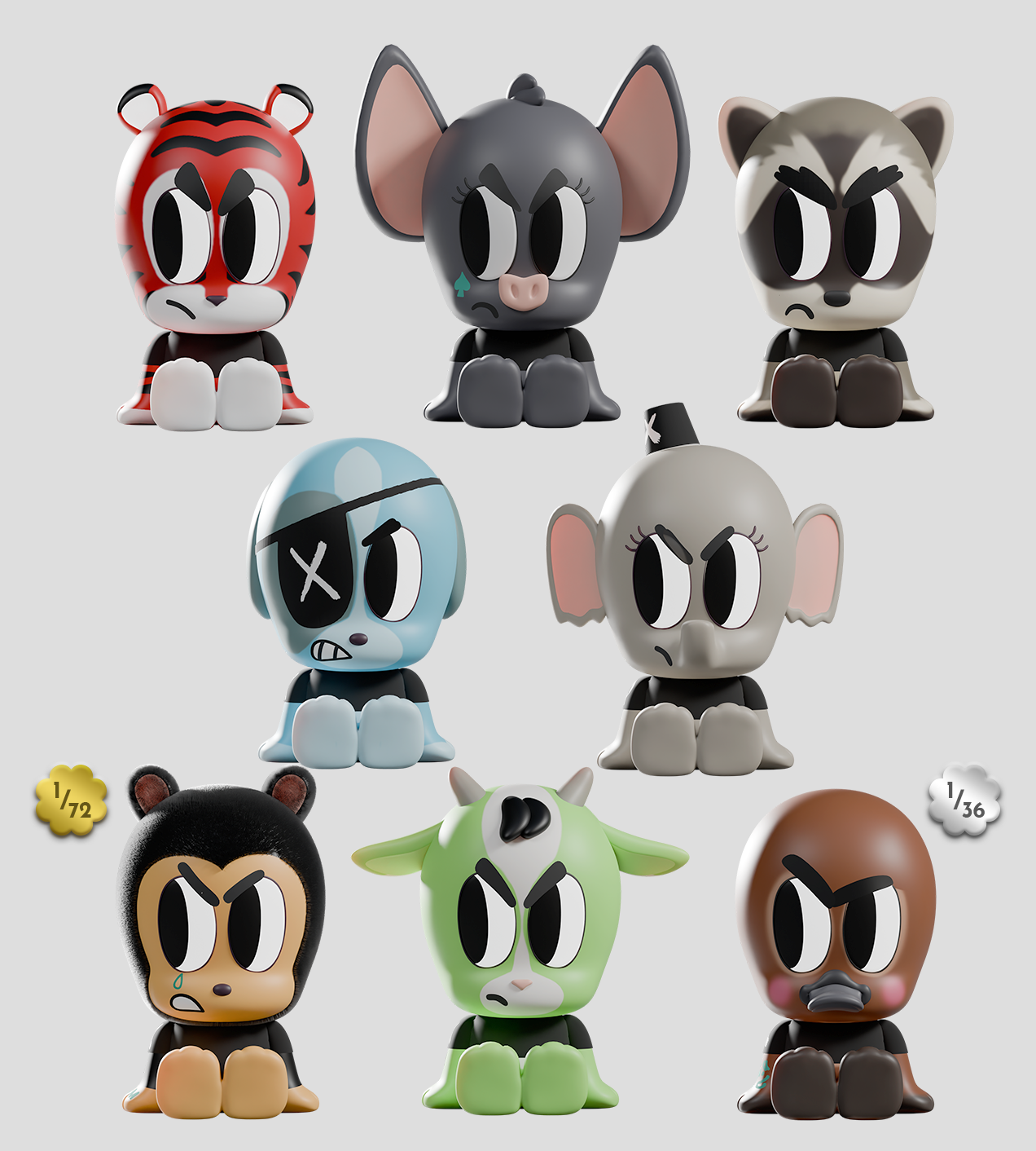 Tiny Shiny Hineys: Badasses Blind Box featuring nine grumpy animal figurines in designer vinyl toy style, showcasing unique heads and limited-edition tokens.