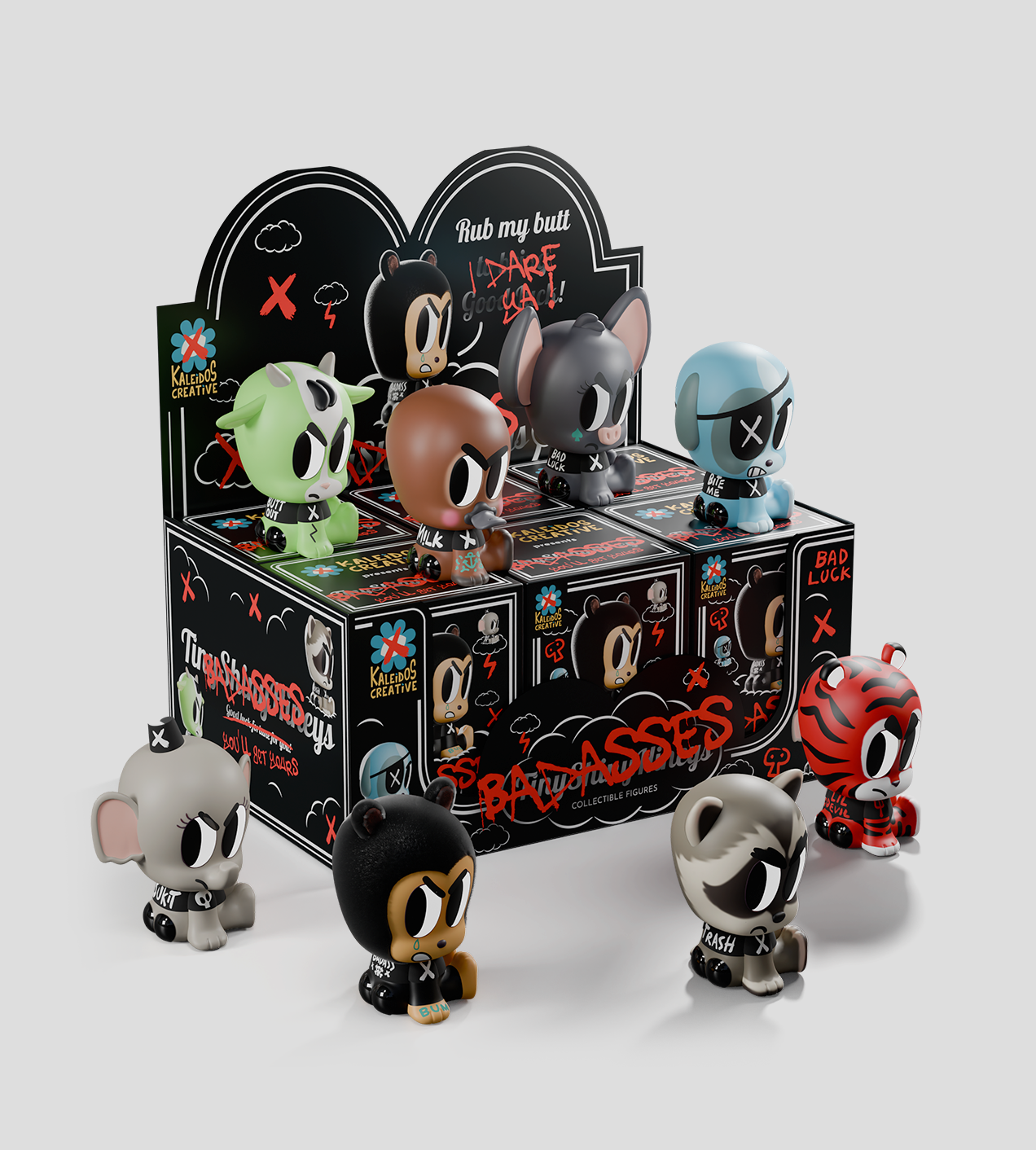 Tiny Shiny Hineys: Badasses Blind Box features eight mischievous vinyl figures with playful slogans, displayed on a branded tiered stand.