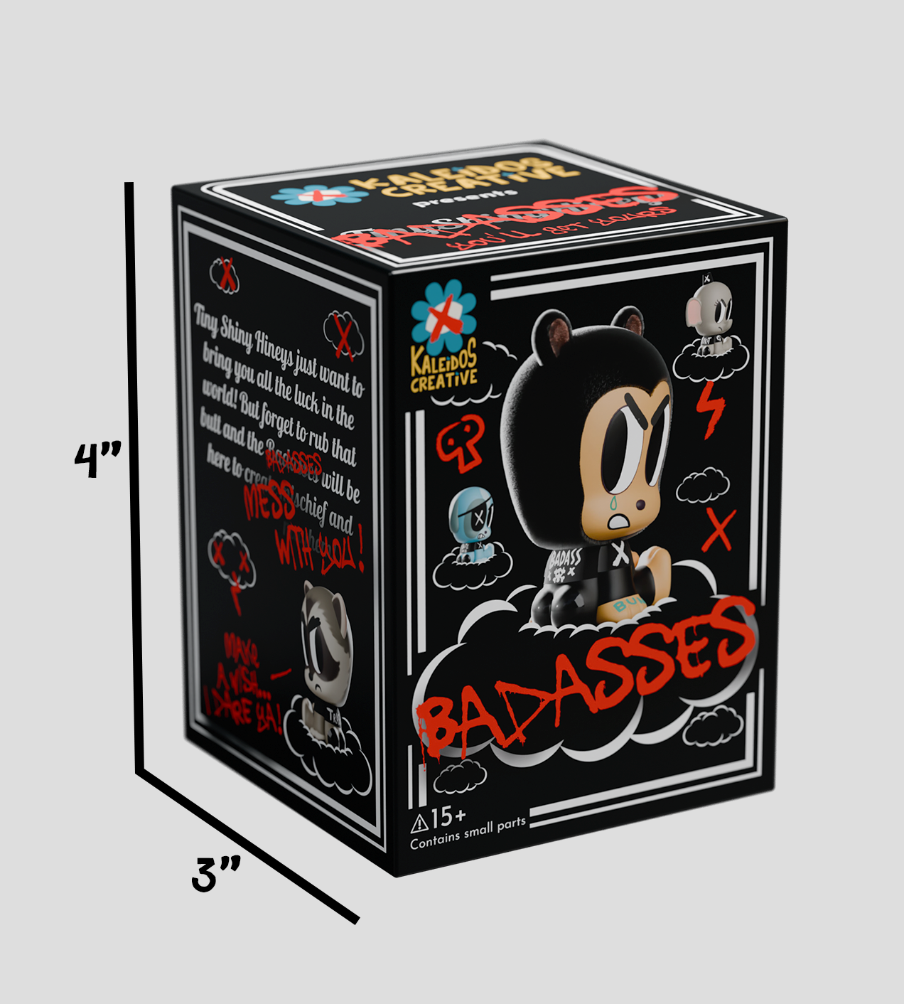 Tiny Shiny Hineys: Badasses Blind Box, featuring a graffitied cartoon bear on packaging, warning label, and Kaleidos Creative logo, offering collectible toys with a mischievous twist.