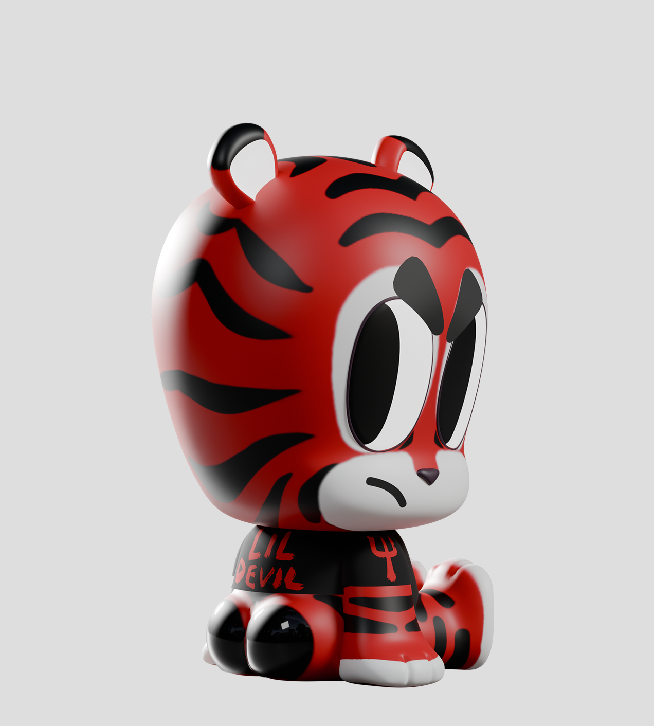Tiny Shiny Hineys: Badasses Blind Box features a mischievous red vinyl tiger figure in a LIL DEVIL shirt, embodying playful chaos and temptation.