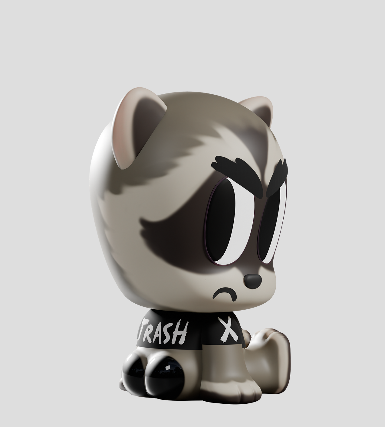 Tiny Shiny Hineys: Badasses Blind Box features a grumpy raccoon-inspired vinyl figure, wearing a TRASH shirt, embodying mischievous charm in a collectible art toy.