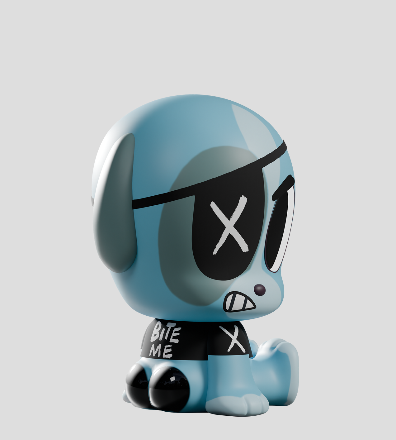 Stylized blue dog figure with eyepatch and BITE ME shirt, part of Tiny Shiny Hineys: Badasses Blind Box collectible art toy series.
